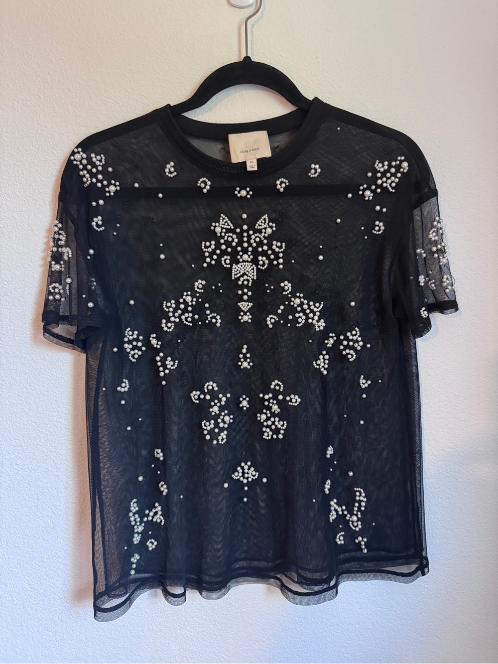 Cinq a Sept Sheer Mesh Embellished Pearl Black Short Sleeve Top size XS